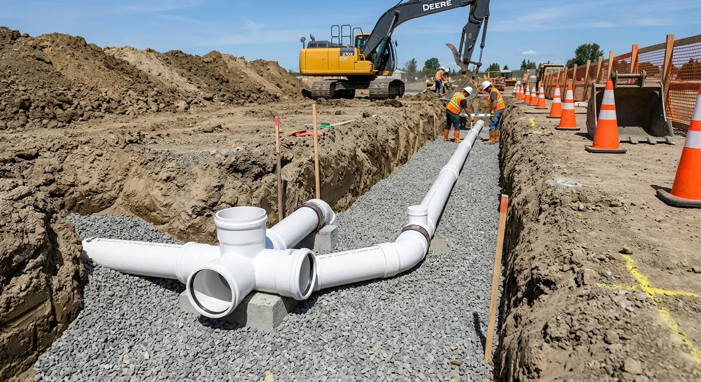 New PVC sewer pipe installation in open trench for Sewer Backup in Lake Los Angeles