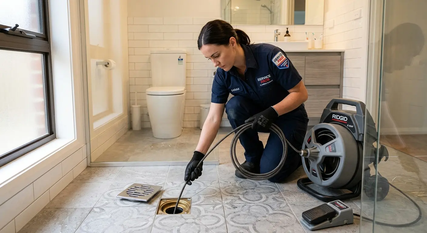 Technician clearing a bathroom floor drain for Hydro Jetting in Lake Los Angeles